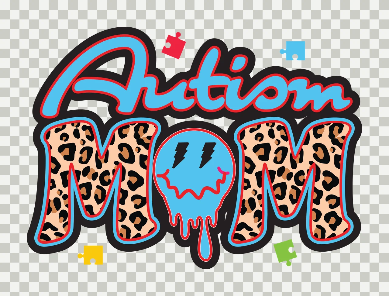 Autism MOM Leopard-print 'MOM' Design with blue 'Autism' text, blue melting smiley face with lightning bolts and red blue yellow green puzzle pieces in black transparency and detail preview thumbnail
