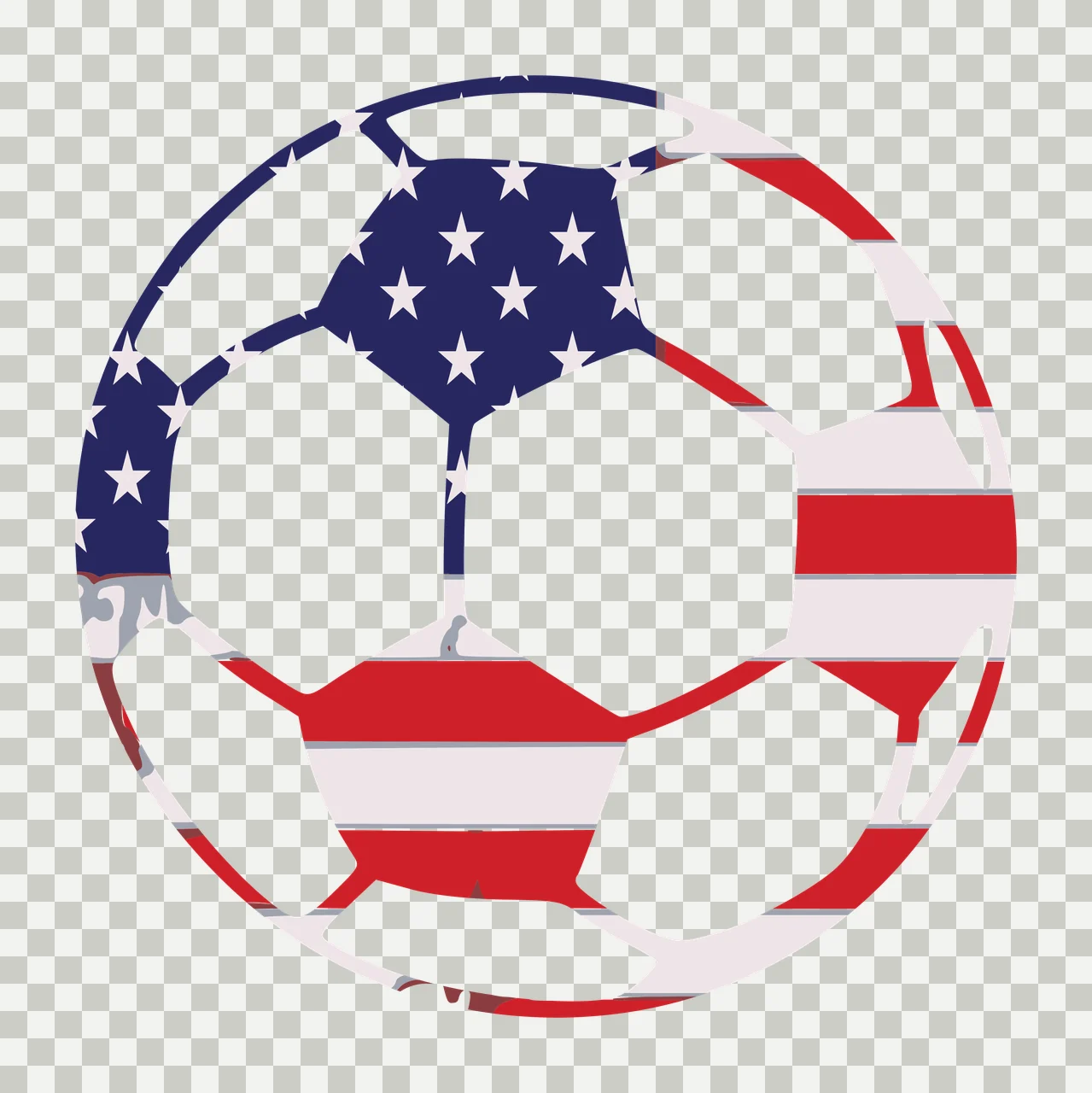 Soccer ball with American flag pattern Illustration with stars, stripes, pentagons and hexagons in red, white and blue transparency and detail preview thumbnail