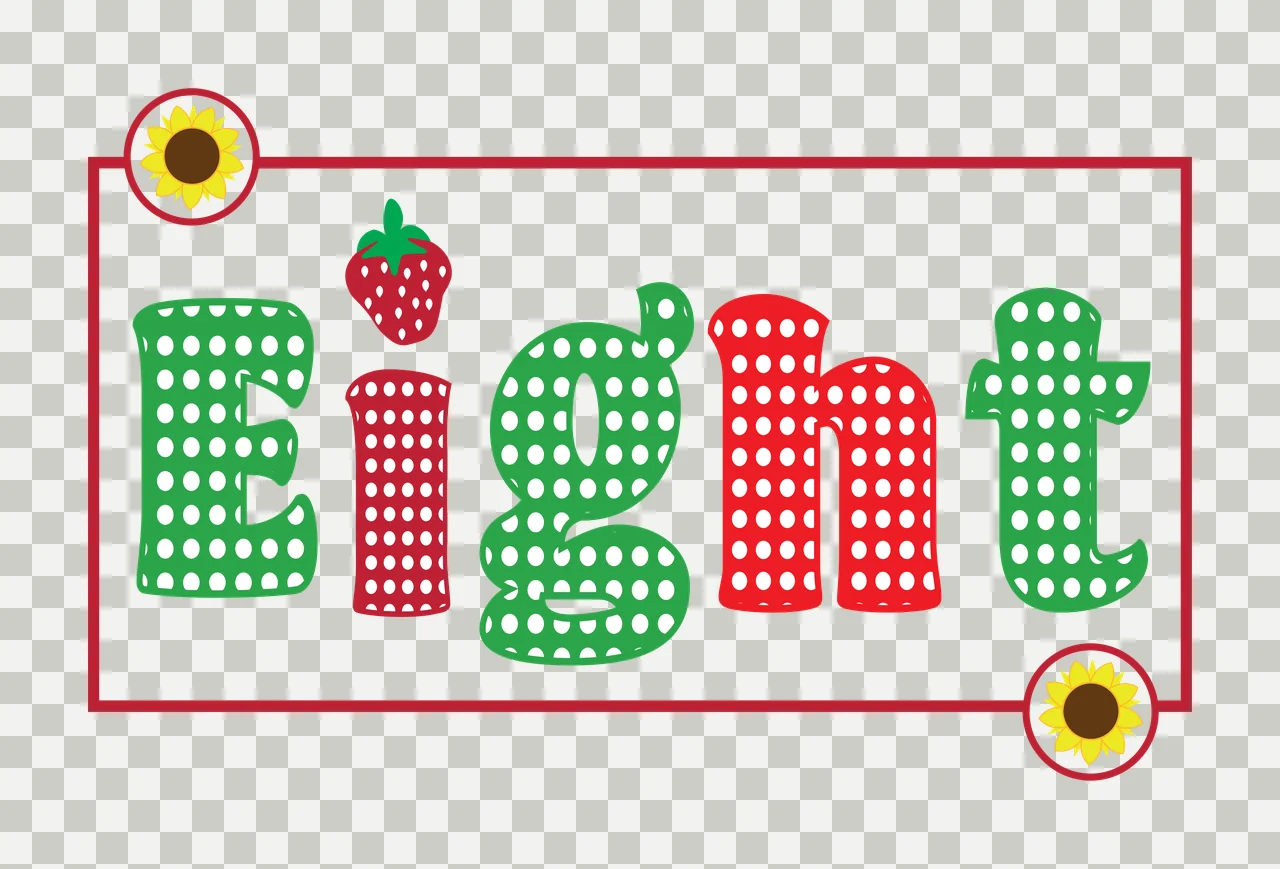 Eight eight typography Number Design with polka dot pattern lettering, strawberry icon, sunflower emblems and rectangular frame in green, red and white transparency and detail preview thumbnail