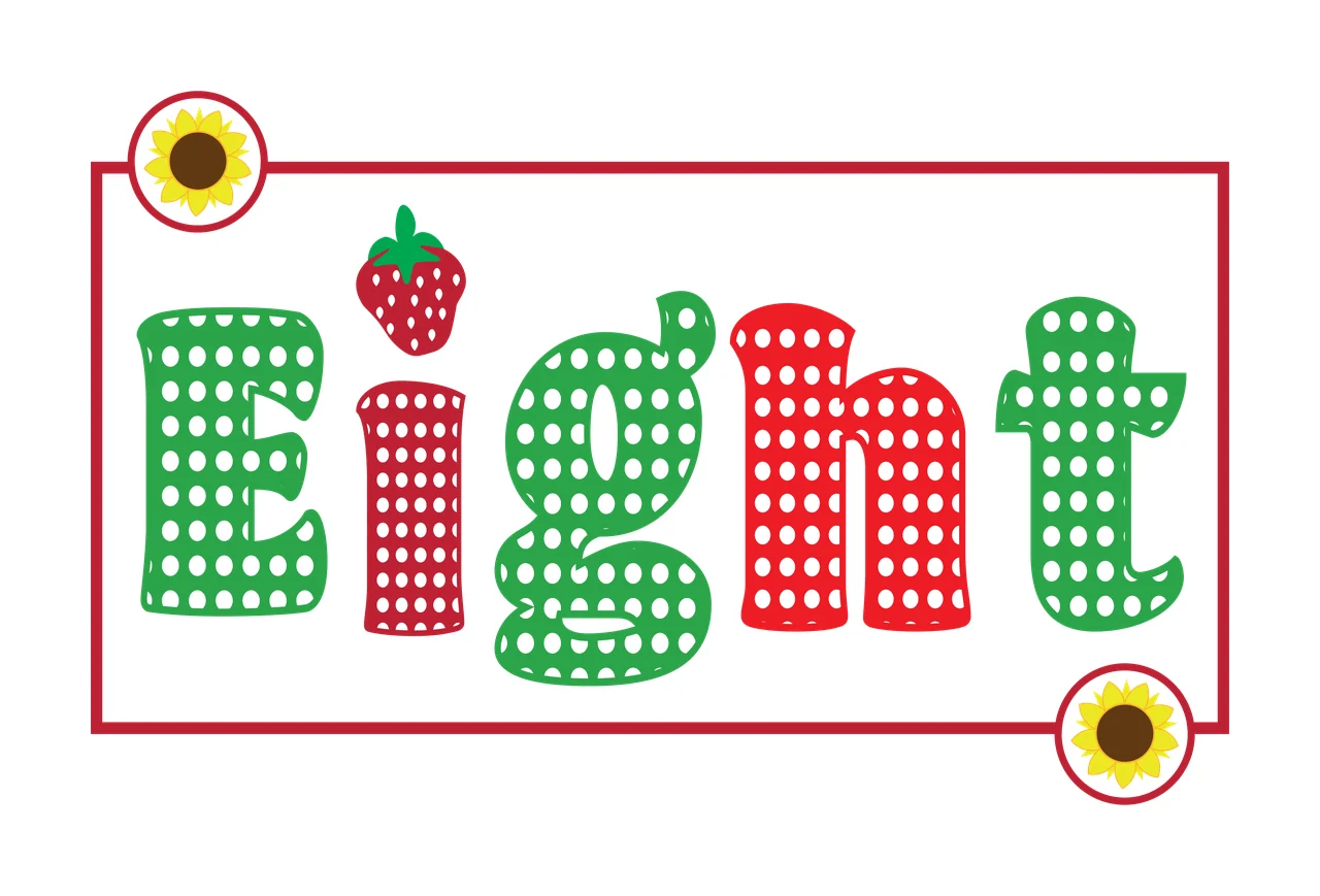 Eight eight typography Number Design with polka dot pattern lettering, strawberry icon, sunflower emblems and rectangular frame in green, red and white