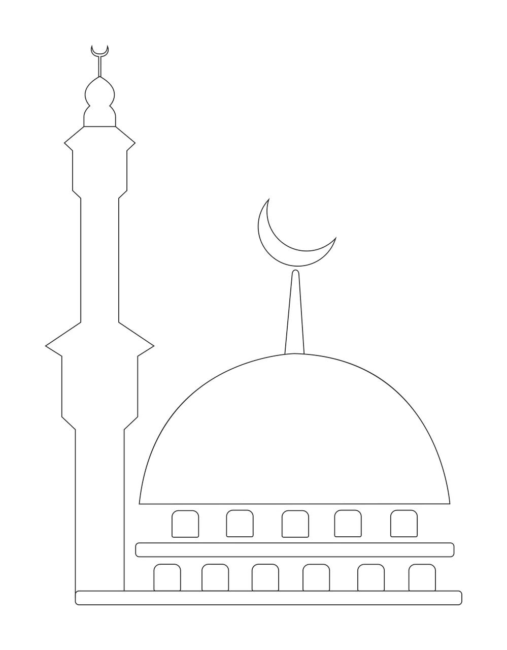 Mosque Outline With Tall Minaret Standing dome crescent line drawing