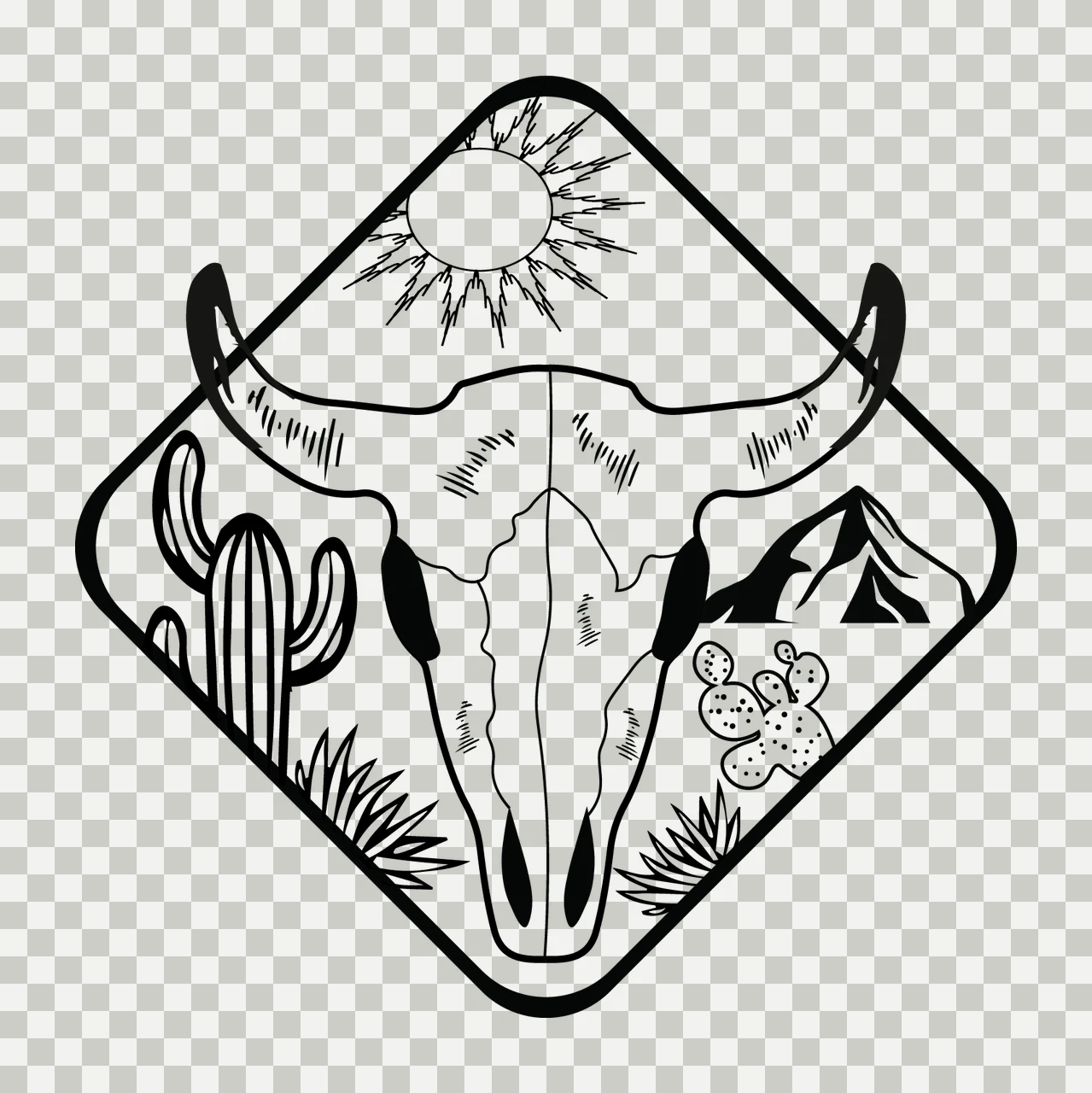 Bull Skull Cactus Diamond Frame Design mountain sun line art transparency and detail preview thumbnail