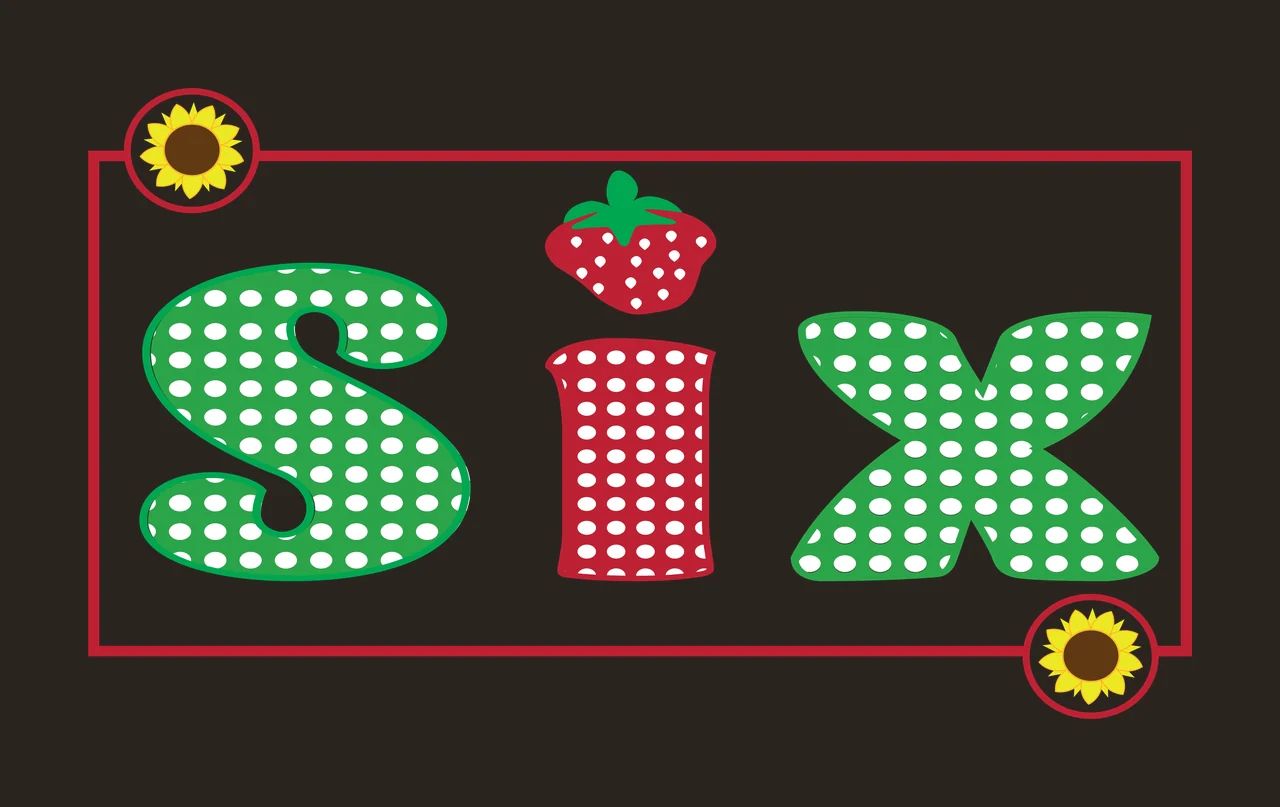 SIX Typography Design with word SIX, strawberry graphic, sunflower emblems and polka dot pattern in green, red and white contrast preview thumbnail