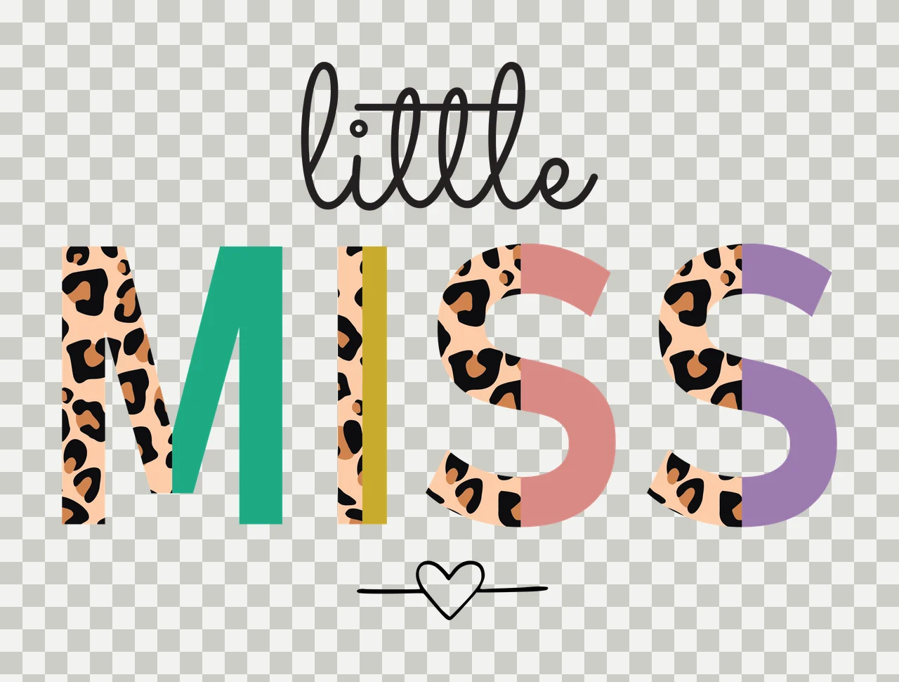 Little MISS Typography Design with cursive text, block lettering, leopard print pattern and heart icon in black, green and gold transparency and detail preview thumbnail
