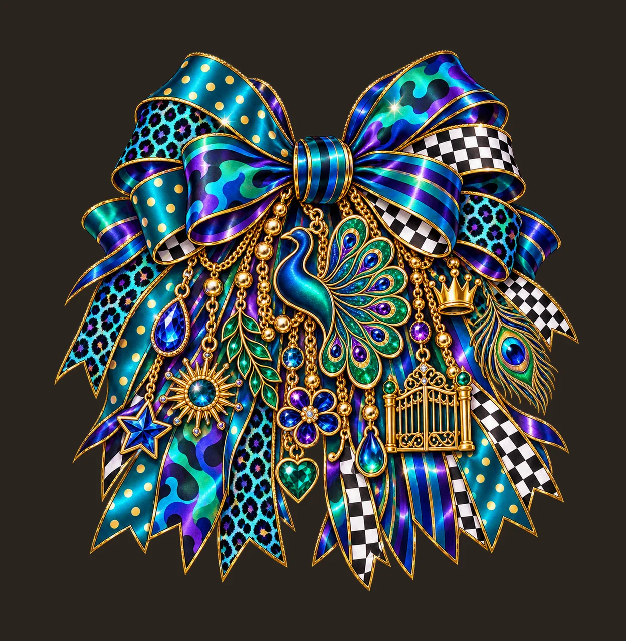 Peacock Lover Bow Charm PNG, Gold Chain Charms, Transparent Sublimation Design, Digital Download contrast preview thumbnail