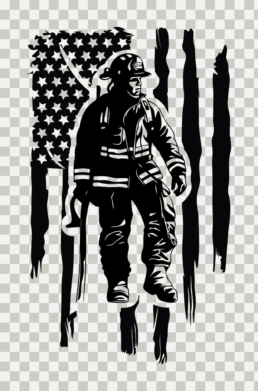 Firefighter Standing In Front Of Flag helmet gear tool silhouette transparency and detail preview thumbnail