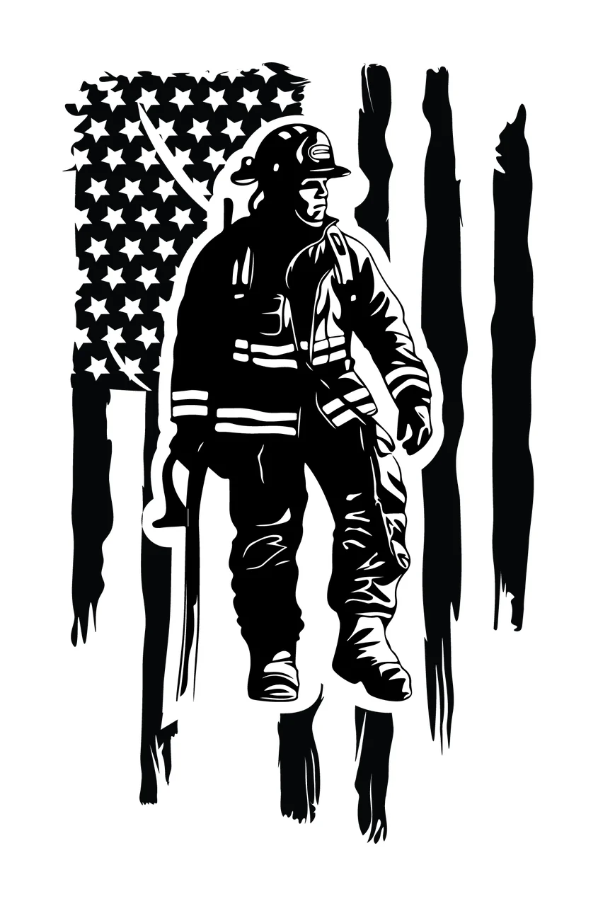 Firefighter Standing In Front Of Flag helmet gear tool silhouette