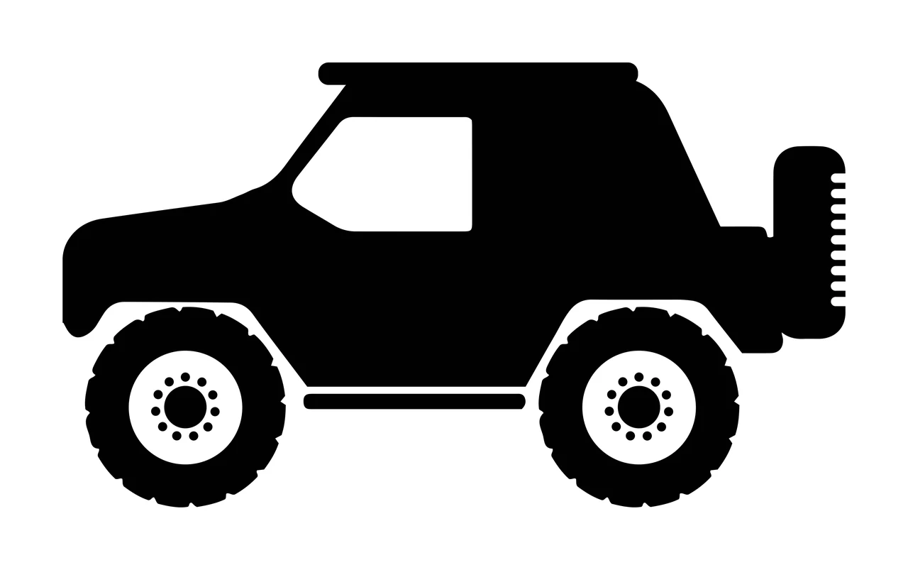 Off-road vehicle silhouette Illustration with black vehicle silhouette, large treaded tires, white wheel centers with dot pattern and roof rack