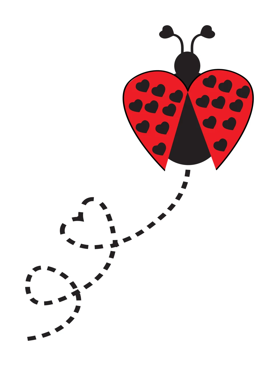Ladybug with heart motifs Illustration with red ladybug, black heart-shaped spots, black antennae and dashed black line in white