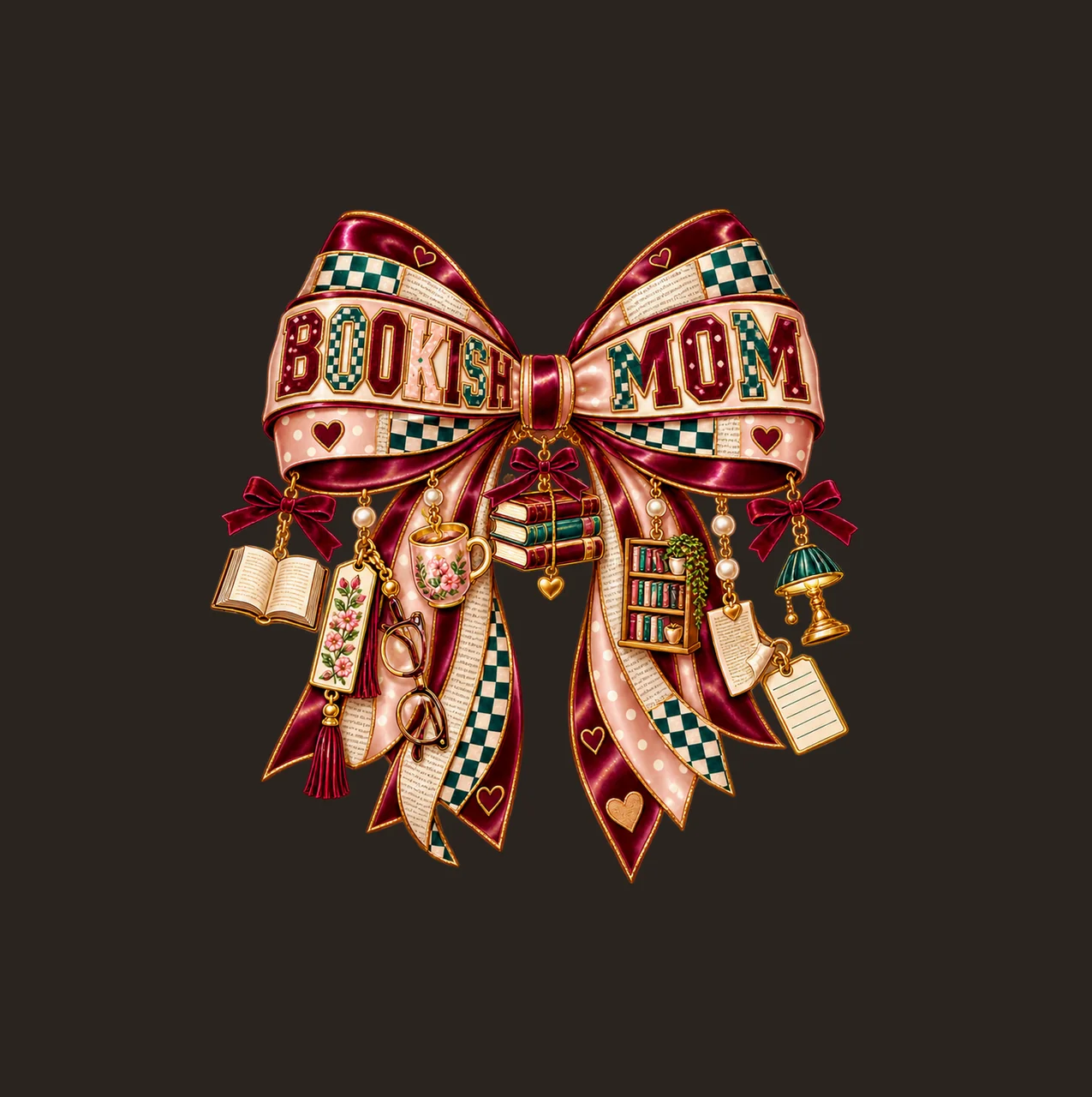 Bookish Mom Bow Charm PNG, Patterned Varsity Mom Ribbon Clipart, Transparent Sublimation Digital Download contrast preview thumbnail
