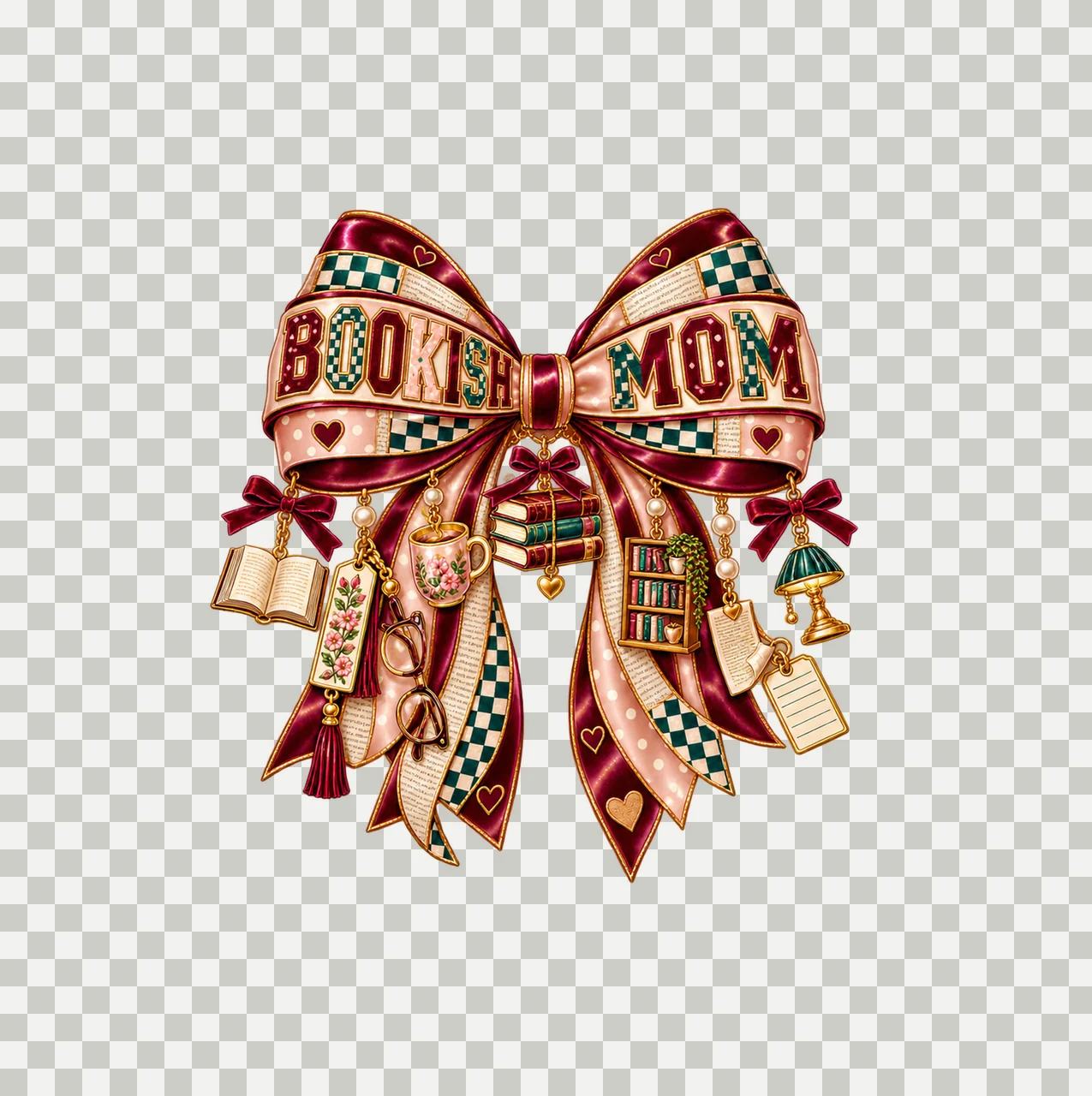 Bookish Mom Bow Charm PNG, Patterned Varsity Mom Ribbon Clipart, Transparent Sublimation Digital Download transparency and detail preview thumbnail