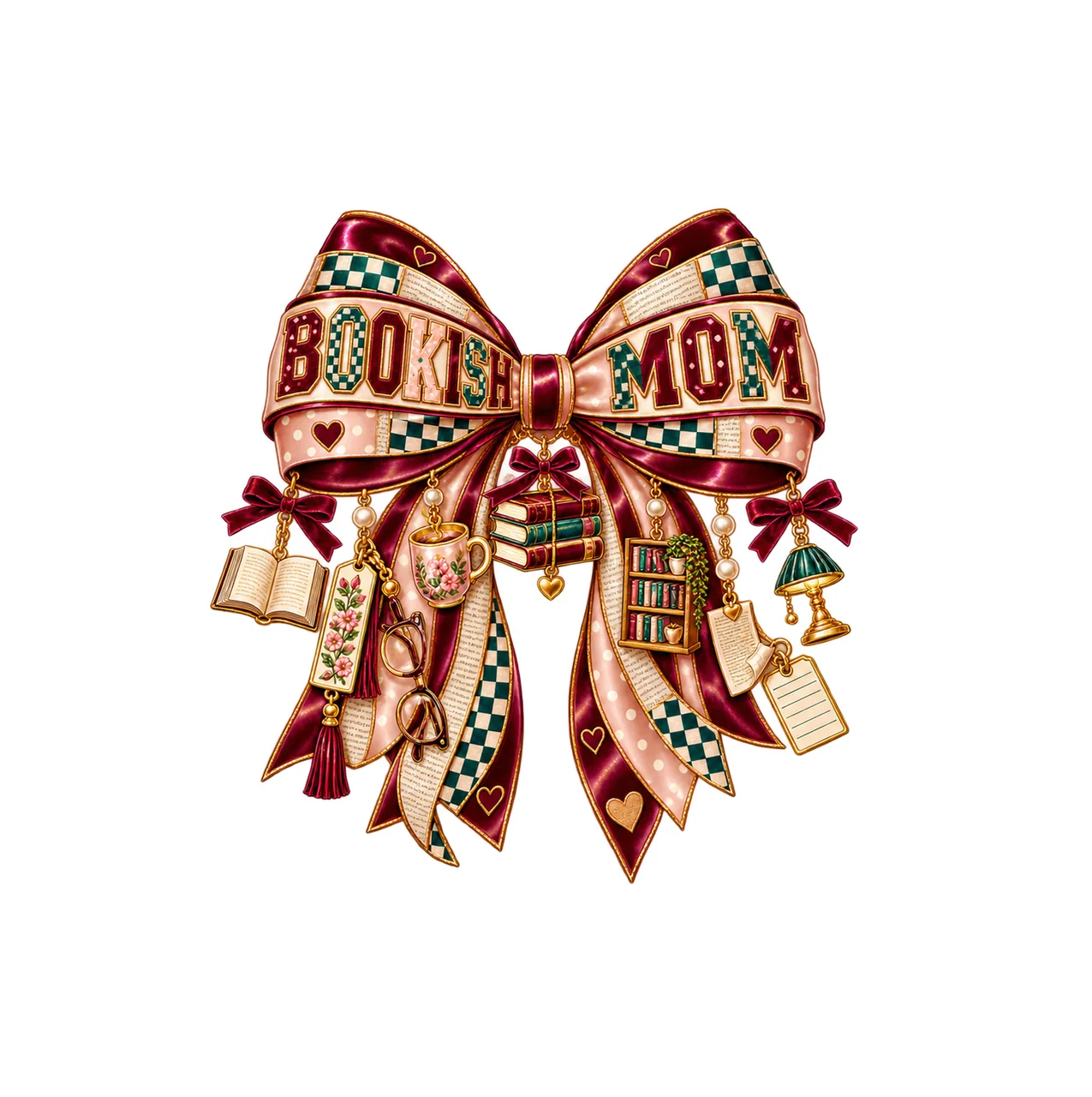 Bookish Mom Bow Charm PNG, Patterned Varsity Mom Ribbon Clipart, Transparent Sublimation Digital Download