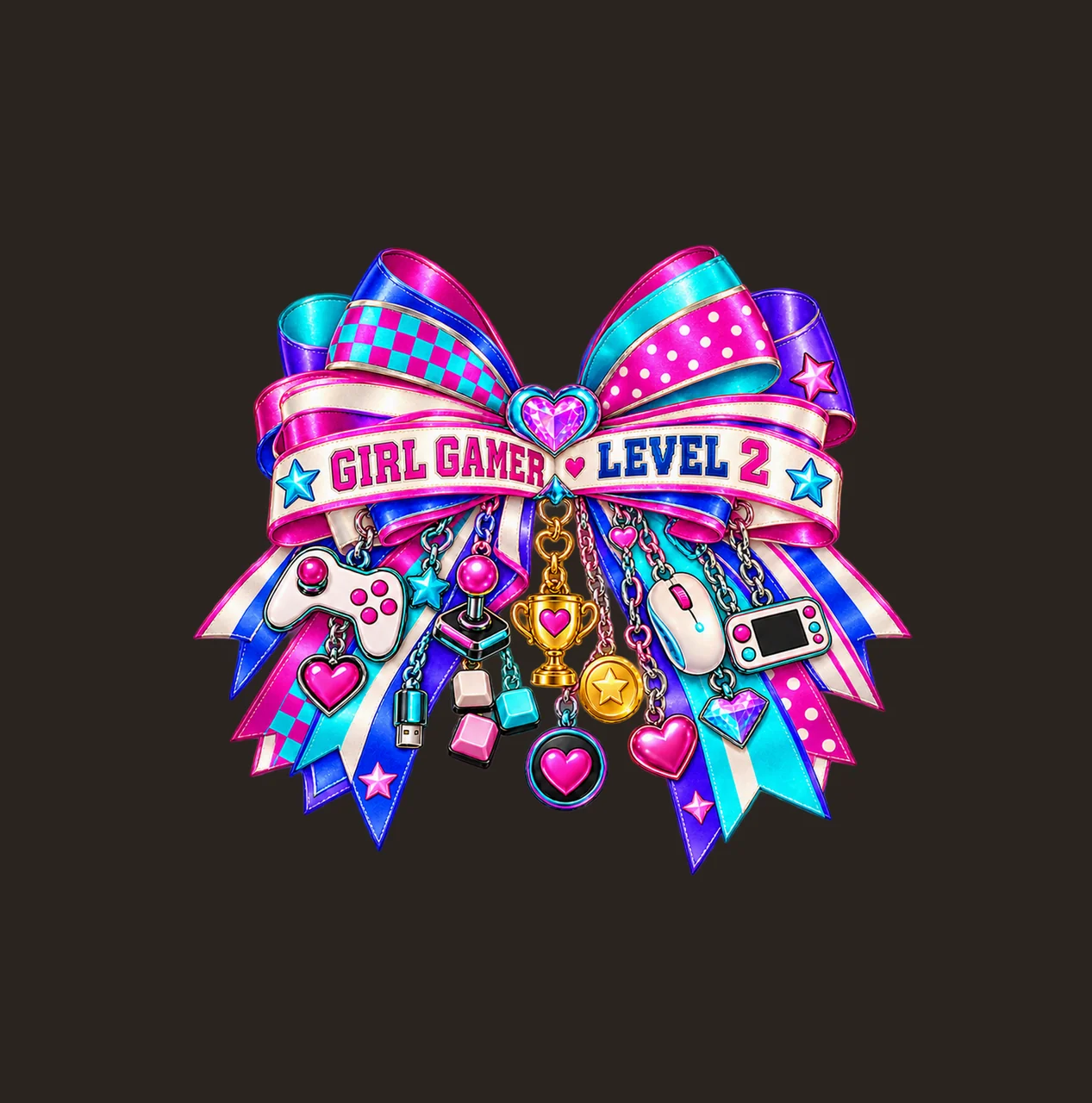 Girl Gamer Level 2 Bow Charm PNG, Patterned Coquette Bow Clipart, Transparent Sublimation Digital Download contrast preview thumbnail