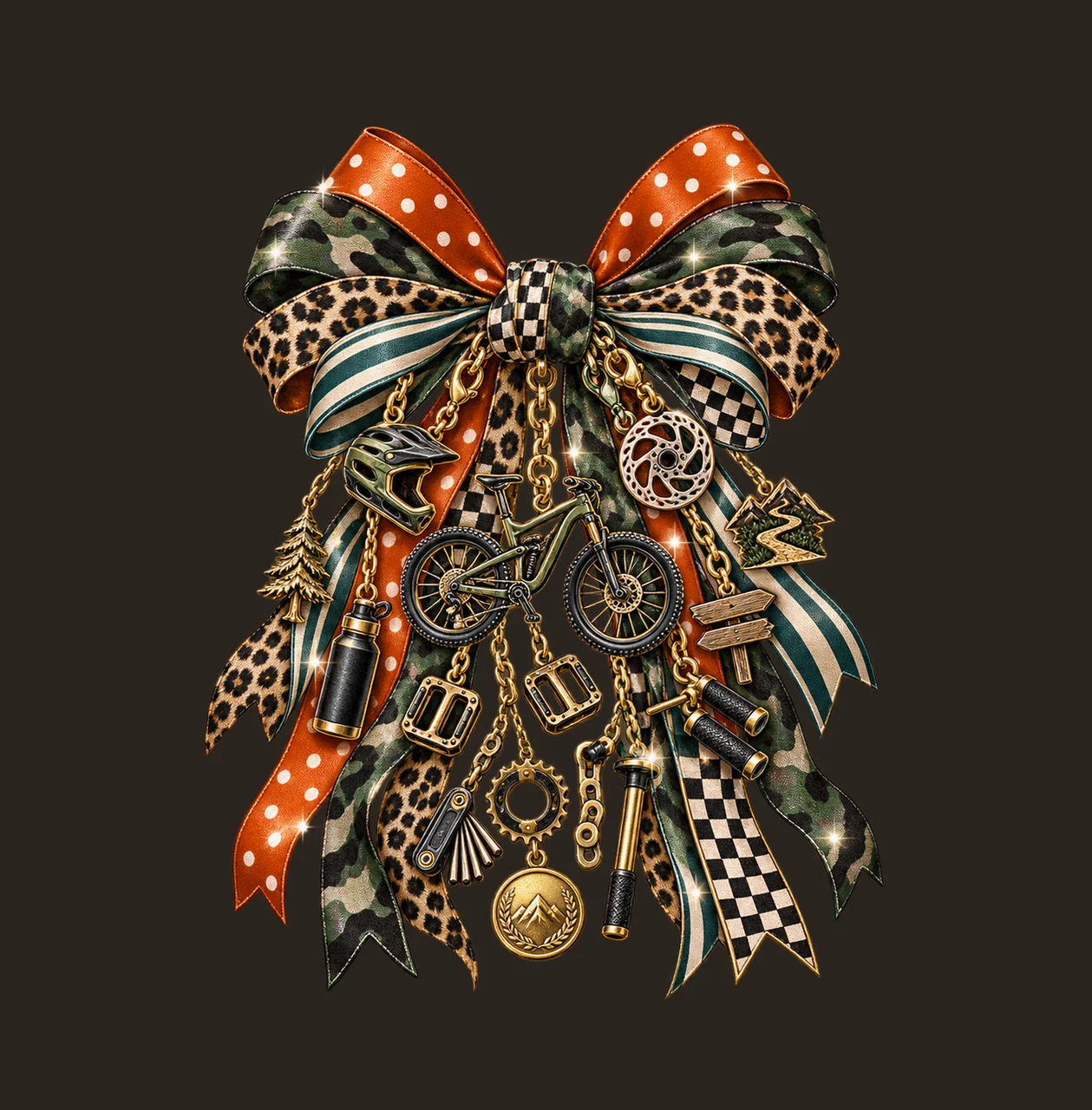 Mountain Biking Lover Bow Charm PNG, Themed Gold Chain Charms, Coquette Ribbon Sublimation Design, Transparent Digital Download contrast preview thumbnail