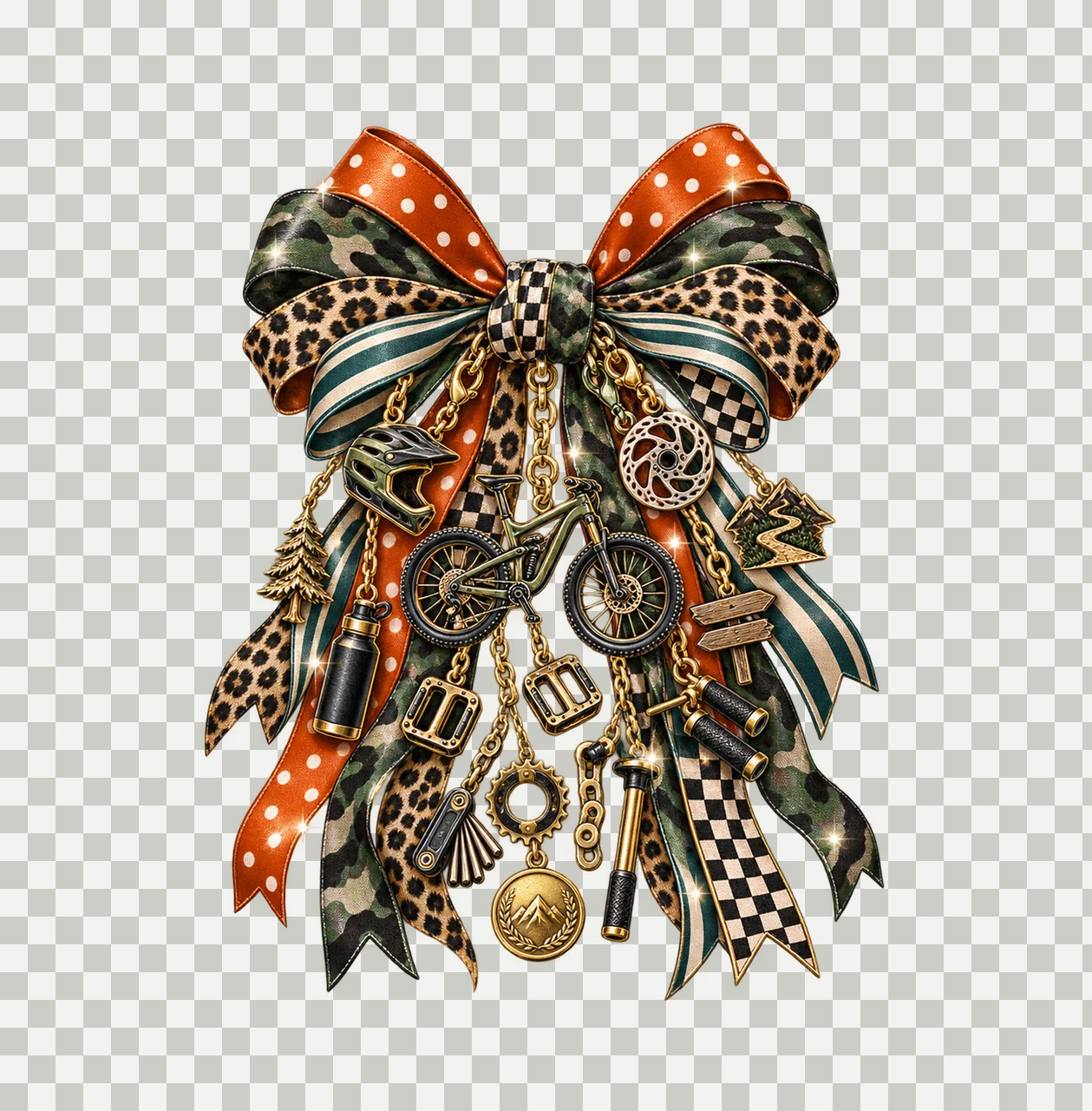 Mountain Biking Lover Bow Charm PNG, Themed Gold Chain Charms, Coquette Ribbon Sublimation Design, Transparent Digital Download transparency and detail preview thumbnail