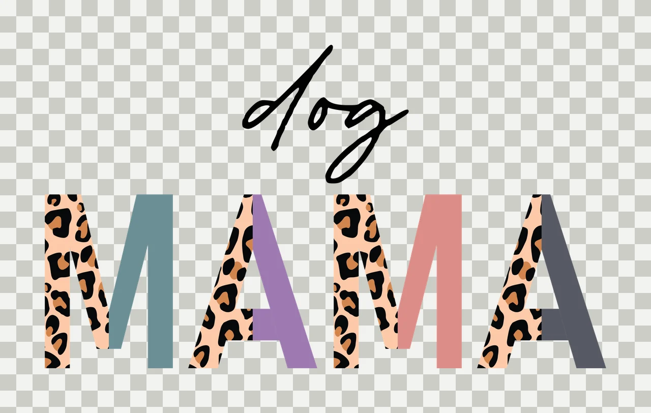 Dog MAMA typography Design with cursive text, split block lettering, leopard print pattern and pastel color panels in black, tan and teal transparency and detail preview thumbnail