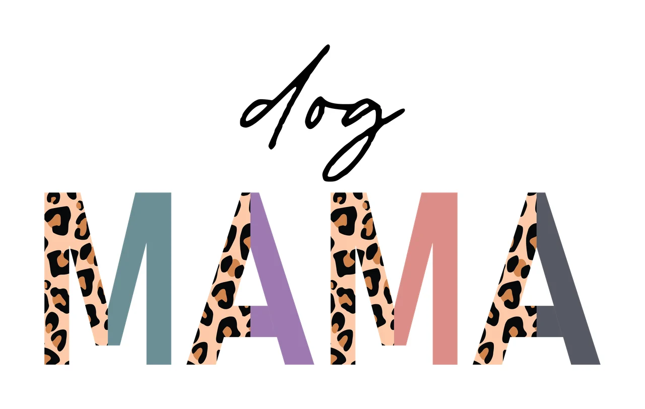 Dog MAMA typography Design with cursive text, split block lettering, leopard print pattern and pastel color panels in black, tan and teal