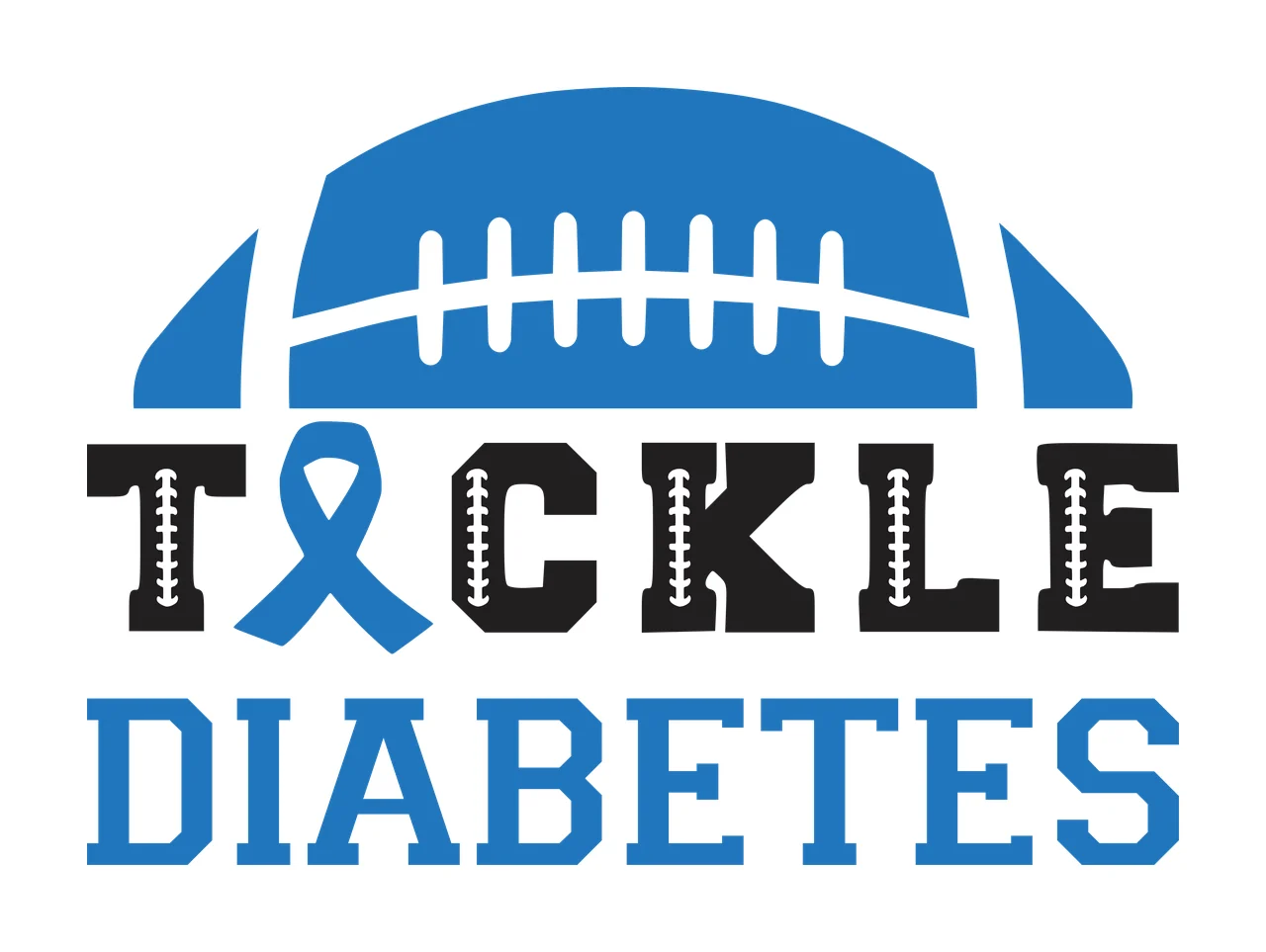TACKLE DIABETES Football-themed awareness logo Design with blue football, white laces, blue ribbon and black letters with white laces