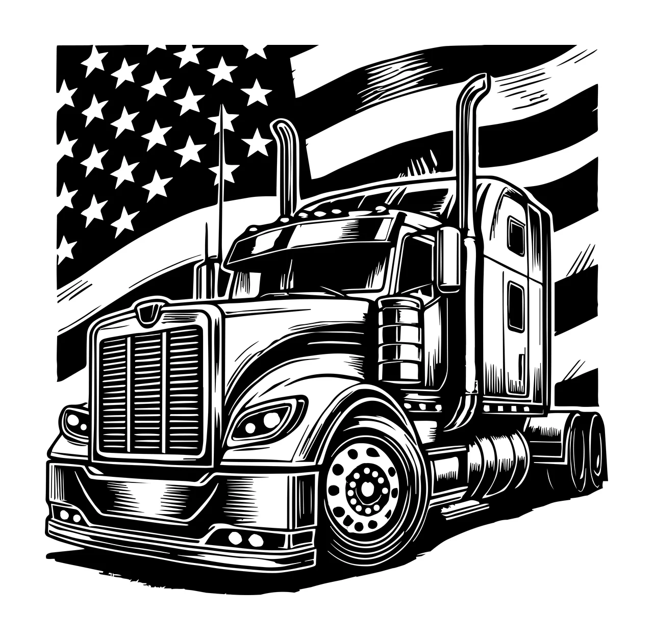 Semi Truck Flag Before Us Graphic standing black and white