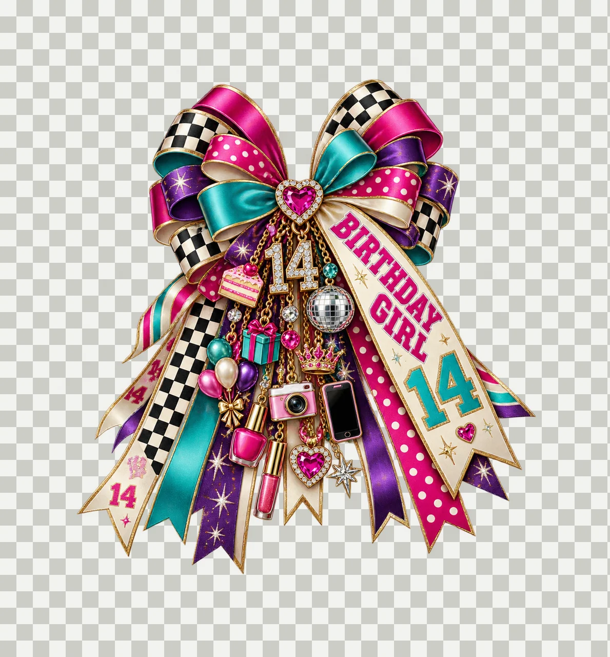 Birthday Girl 14 Bow Charm PNG, Patterned Coquette Bow Clipart, Transparent Sublimation Digital Download transparency and detail preview thumbnail