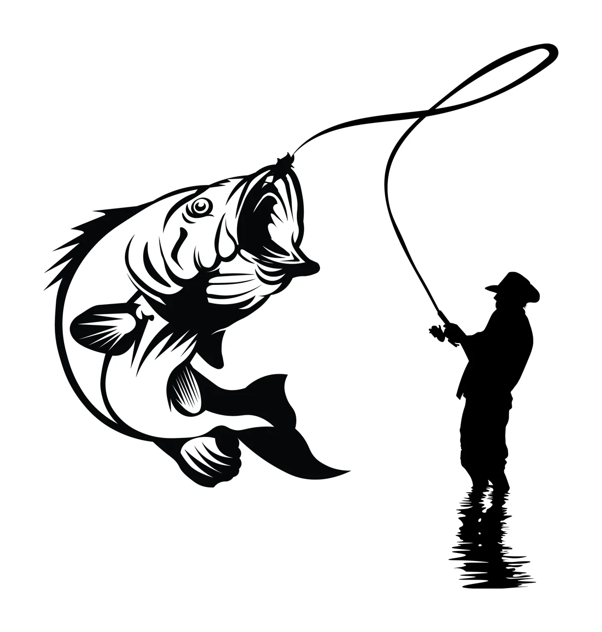 Fish Angler Fishing For Large Mouth rod water high contrast graphic