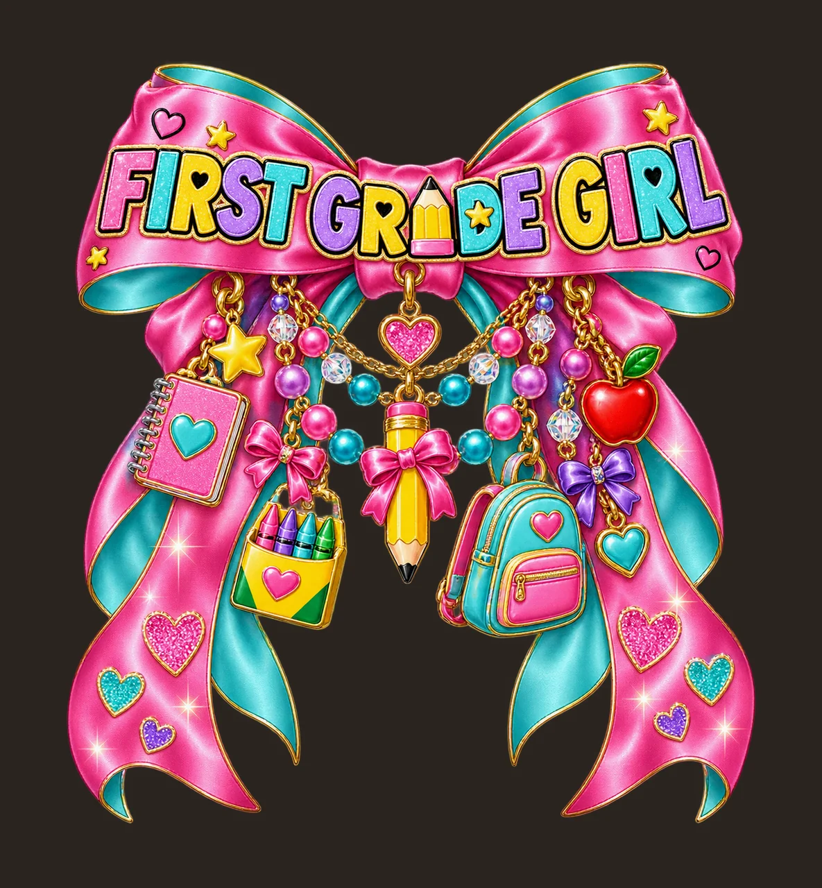 First Grade Girl Bow Charm PNG, Coquette Ribbon Sublimation, Transparent Digital Download contrast preview thumbnail
