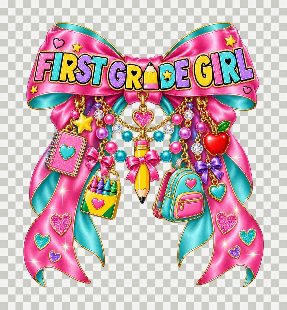 First Grade Girl Bow Charm PNG, Coquette Ribbon Sublimation, Transparent Digital Download transparency and detail preview thumbnail
