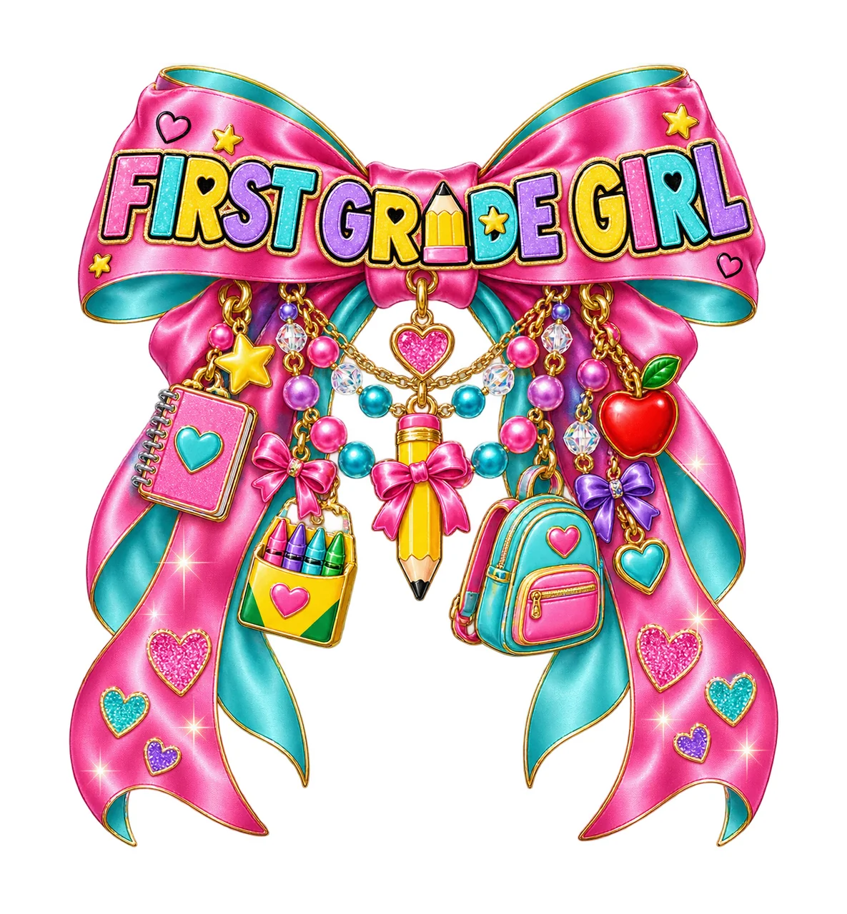 First Grade Girl Bow Charm PNG, Coquette Ribbon Sublimation, Transparent Digital Download
