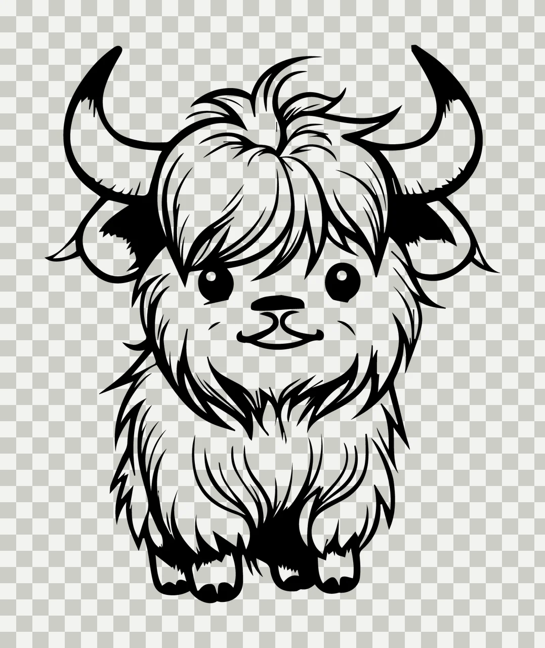 Highland Cute Cattle Calf Drawing standing horns fur line black transparency and detail preview thumbnail