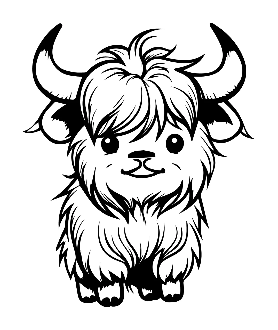 Highland Cute Cattle Calf Drawing standing horns fur line black