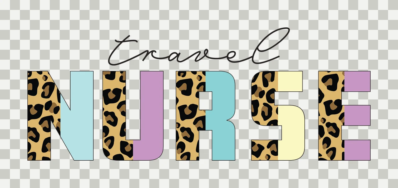 Travel NURSE Typography Design with leopard print pattern, pastel blue letter, pastel purple letter and pastel yellow letter in beige, black and light blue transparency and detail preview thumbnail