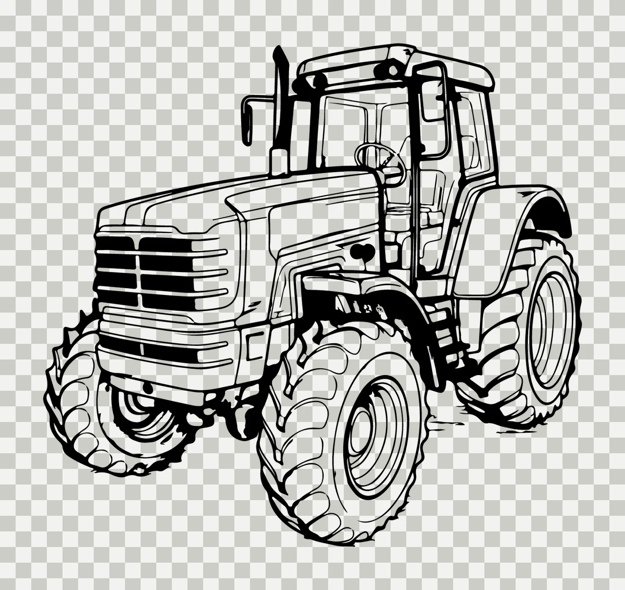 Farm Tractor Black And White Line Art stationary wheels cabin transparency and detail preview thumbnail