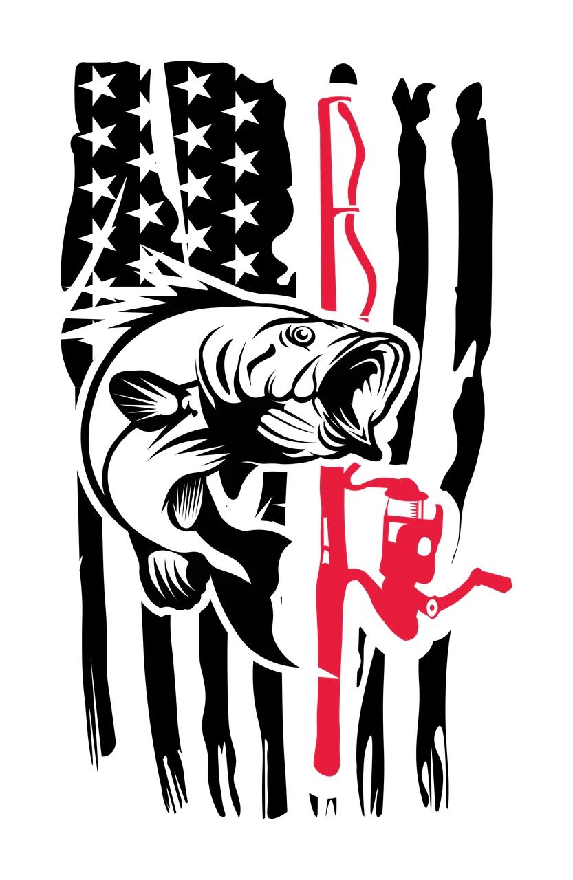 Fishing American Flag Bass Graphic fish jumping rod reel striped