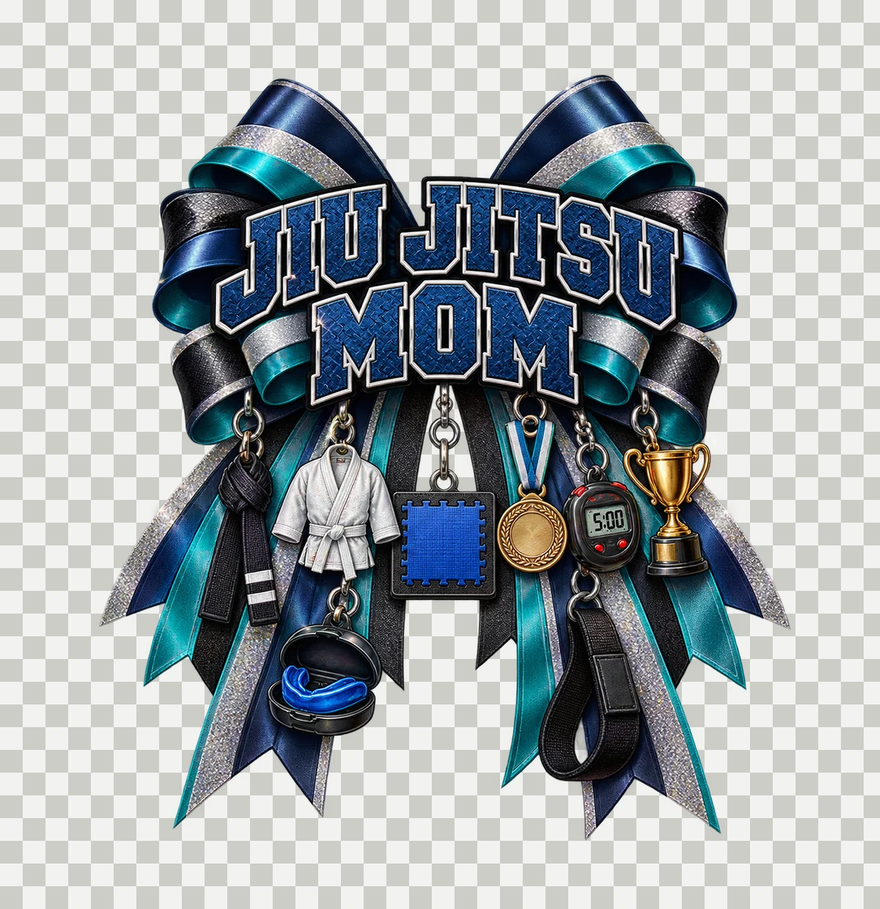 Jiu Jitsu Mom Bow Charm PNG, Patterned Varsity Mom Ribbon Clipart, Transparent Sublimation Digital Download transparency and detail preview thumbnail