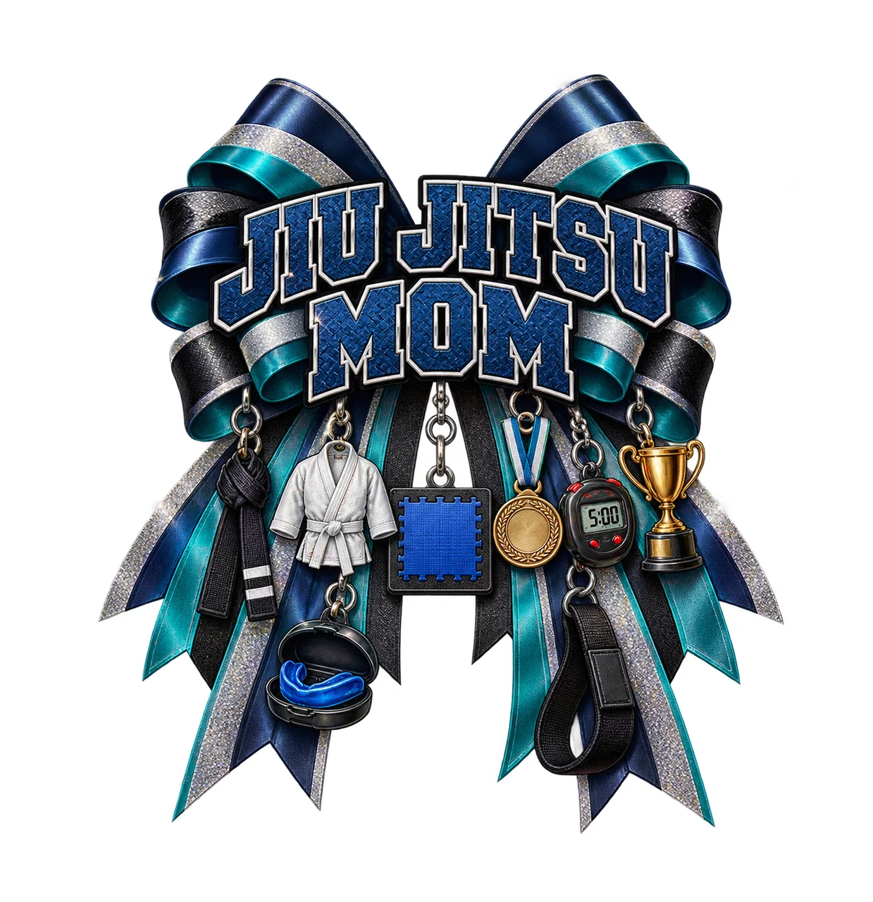 Jiu Jitsu Mom Bow Charm PNG, Patterned Varsity Mom Ribbon Clipart, Transparent Sublimation Digital Download