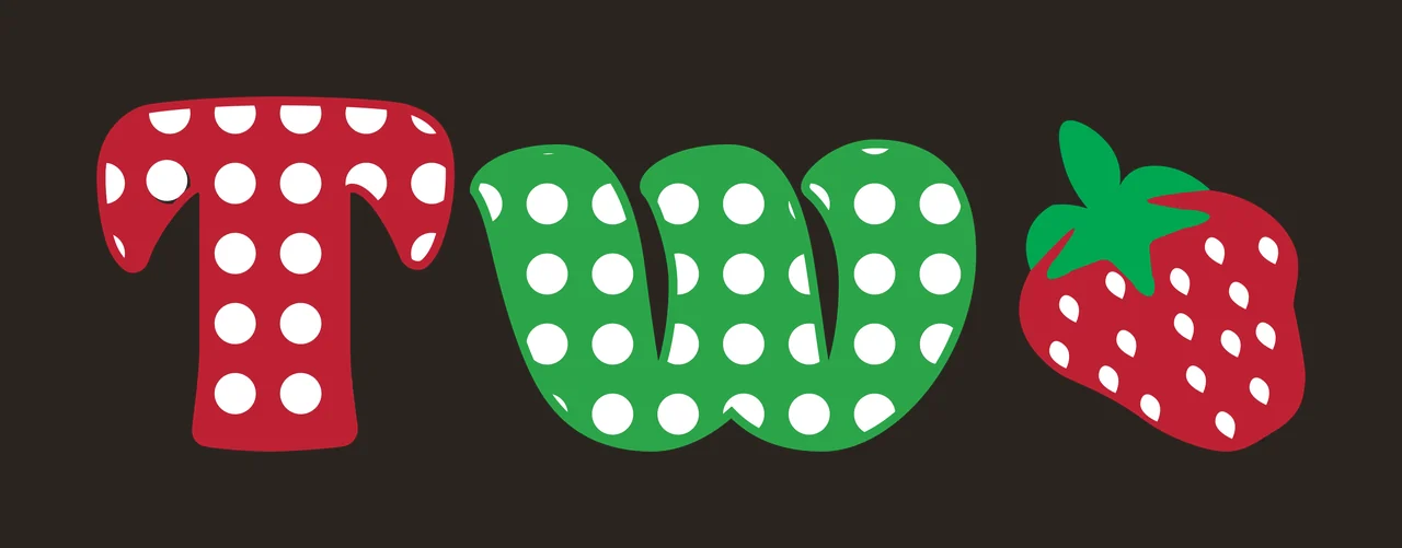 TWO Typography Design with letter T, strawberry, polka dot pattern and fruit leaves in red, green and white contrast preview thumbnail