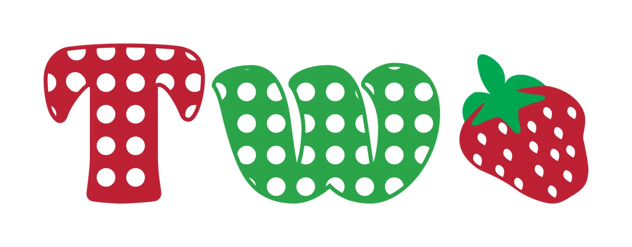 TWO Typography Design with letter T, strawberry, polka dot pattern and fruit leaves in red, green and white