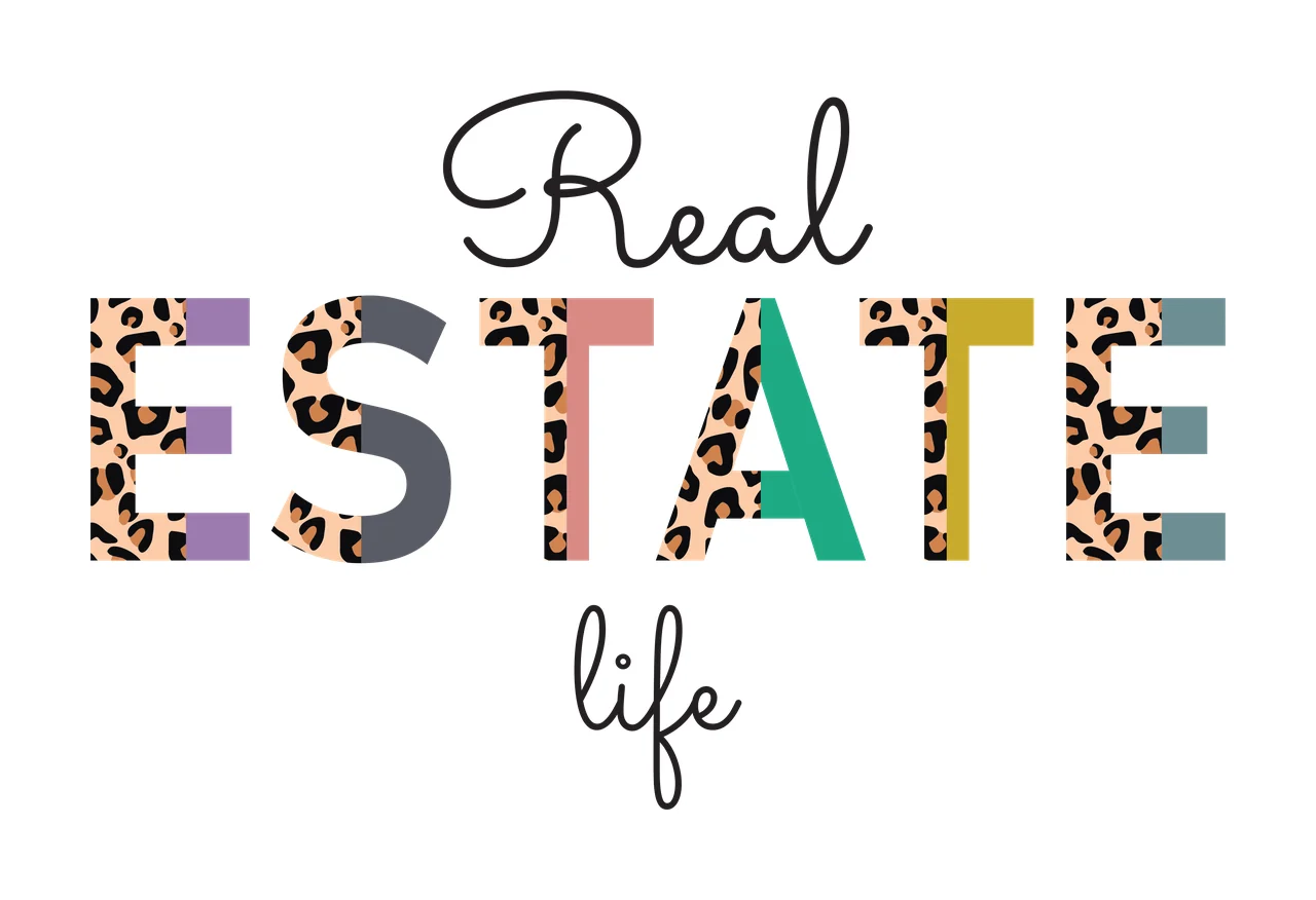 Real ESTATE life Typography Design with leopard print pattern, multicolored solid blocks and black cursive script letters in beige and purple