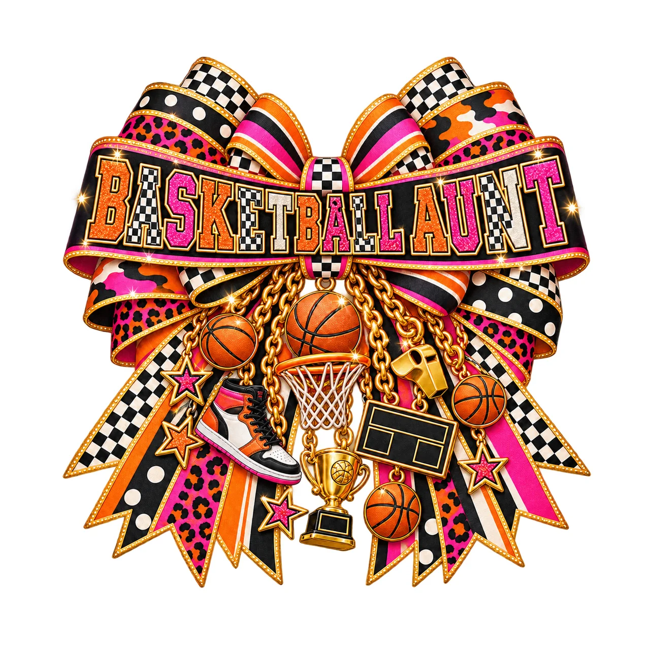 Basketball Aunt Bow Charm PNG, Patterned Varsity Aunt Ribbon Clipart, Transparent Sublimation Digital Download