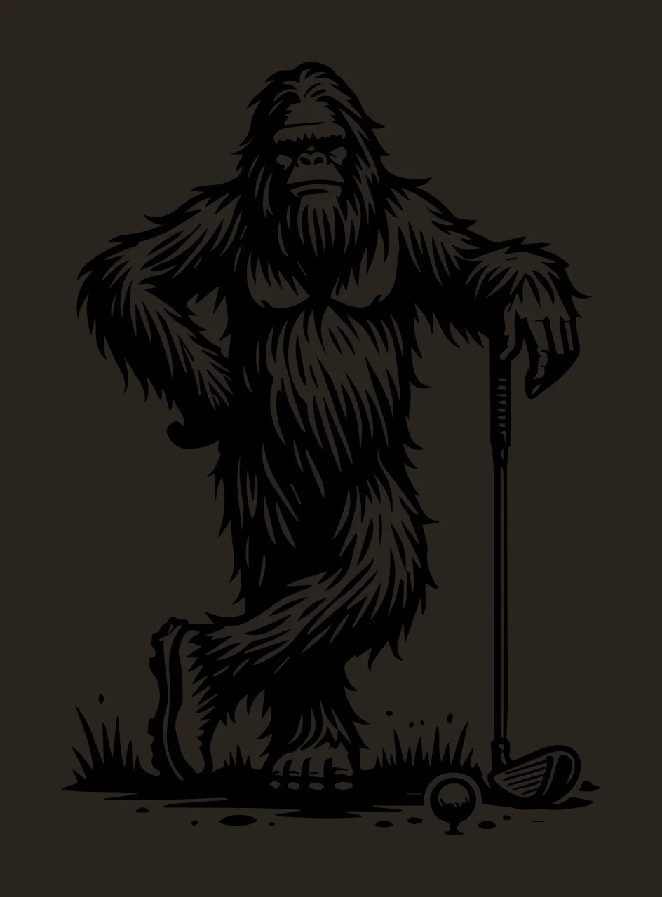 Golf Bigfoot Standing With Club leaning ball grass black white contrast preview thumbnail