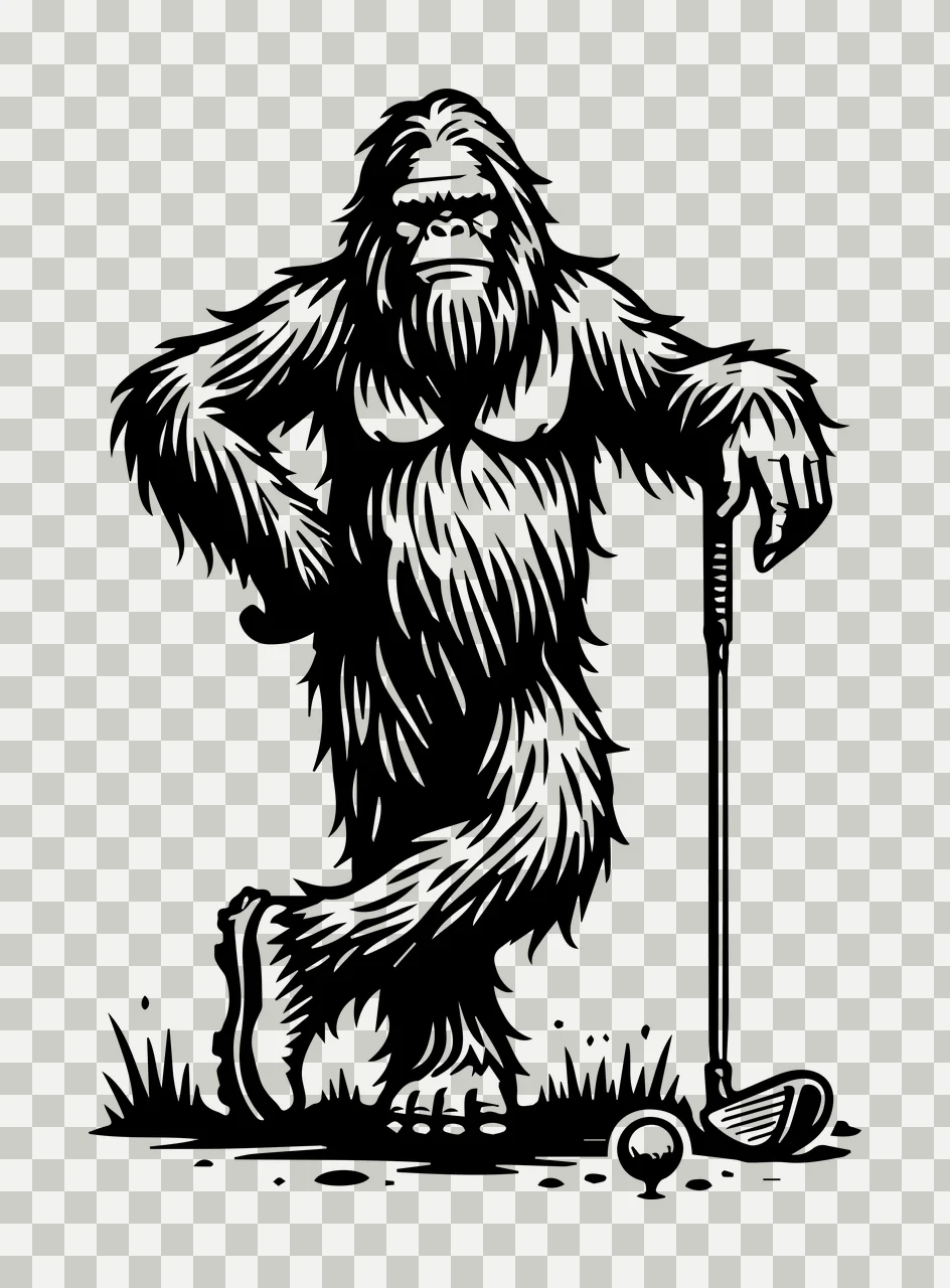 Golf Bigfoot Standing With Club leaning ball grass black white transparency and detail preview thumbnail