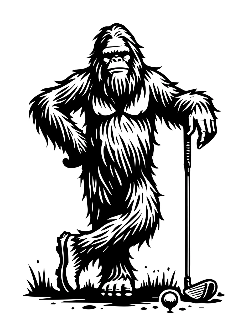 Golf Bigfoot Standing With Club leaning ball grass black white