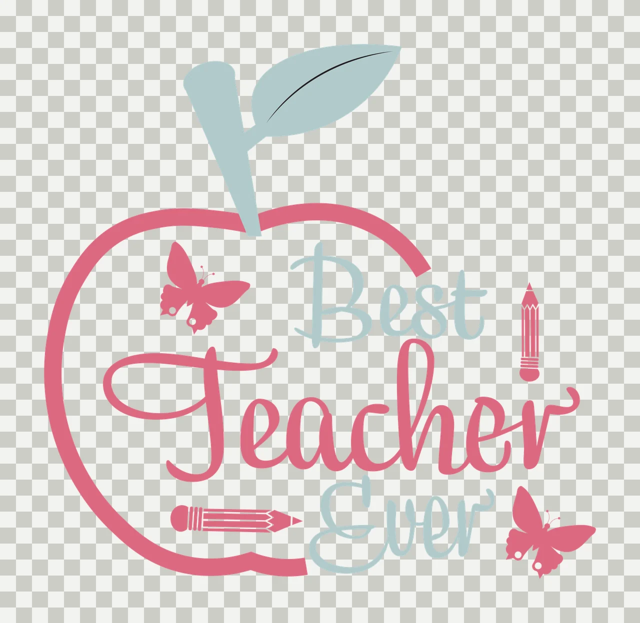 Best Teacher Ever Typography Design with apple outline, stem, leaf and butterfly in pink, light blue and white transparency and detail preview thumbnail