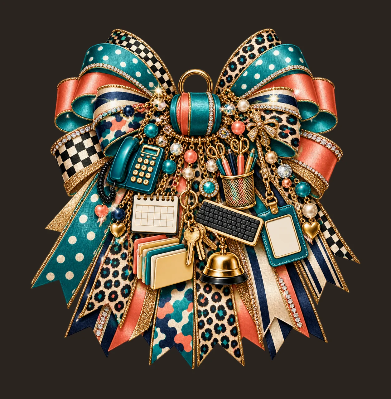 School Secretary Bow Charm PNG, Themed Gold Chain Charms, Coquette Ribbon Sublimation Design, Transparent Digital Download contrast preview thumbnail