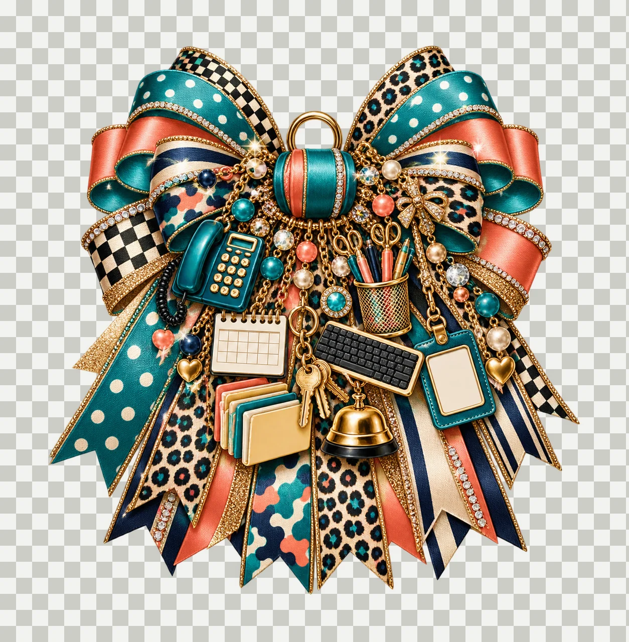 School Secretary Bow Charm PNG, Themed Gold Chain Charms, Coquette Ribbon Sublimation Design, Transparent Digital Download transparency and detail preview thumbnail