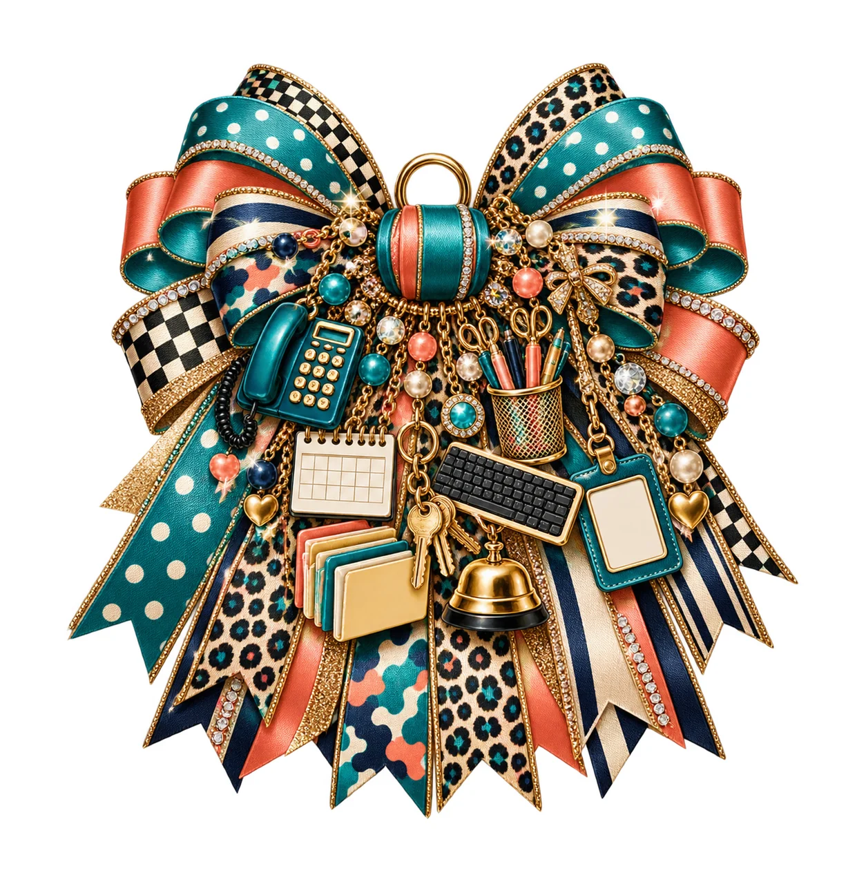 School Secretary Bow Charm PNG, Themed Gold Chain Charms, Coquette Ribbon Sublimation Design, Transparent Digital Download
