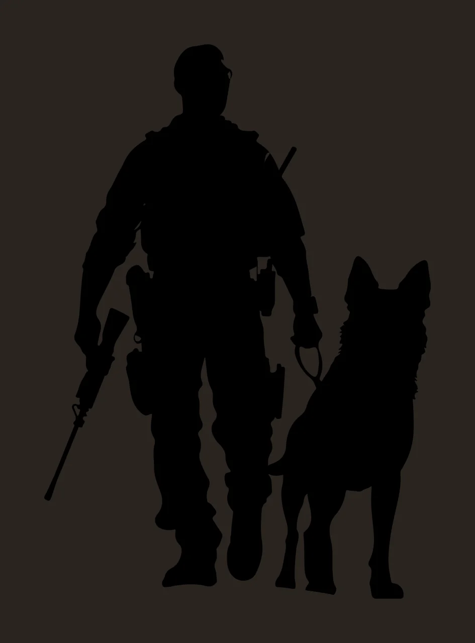 Dog Person With Firearm walking leash gear silhouette black contrast preview thumbnail