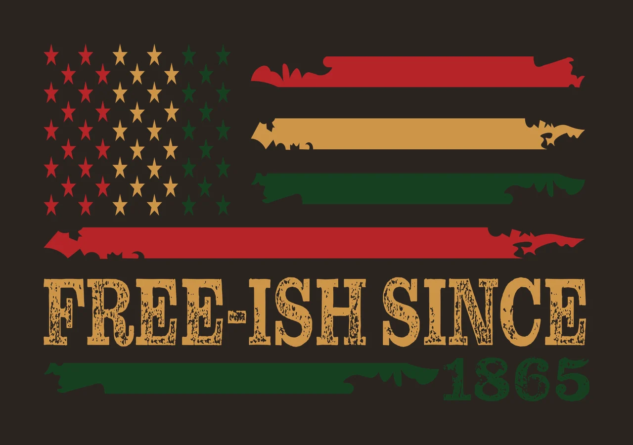 FREE-ISH SINCE 1865 Juneteenth Design design with five-pointed stars, brush stroke stripes, distressed lettering and year 1865 in red, gold and green contrast preview thumbnail