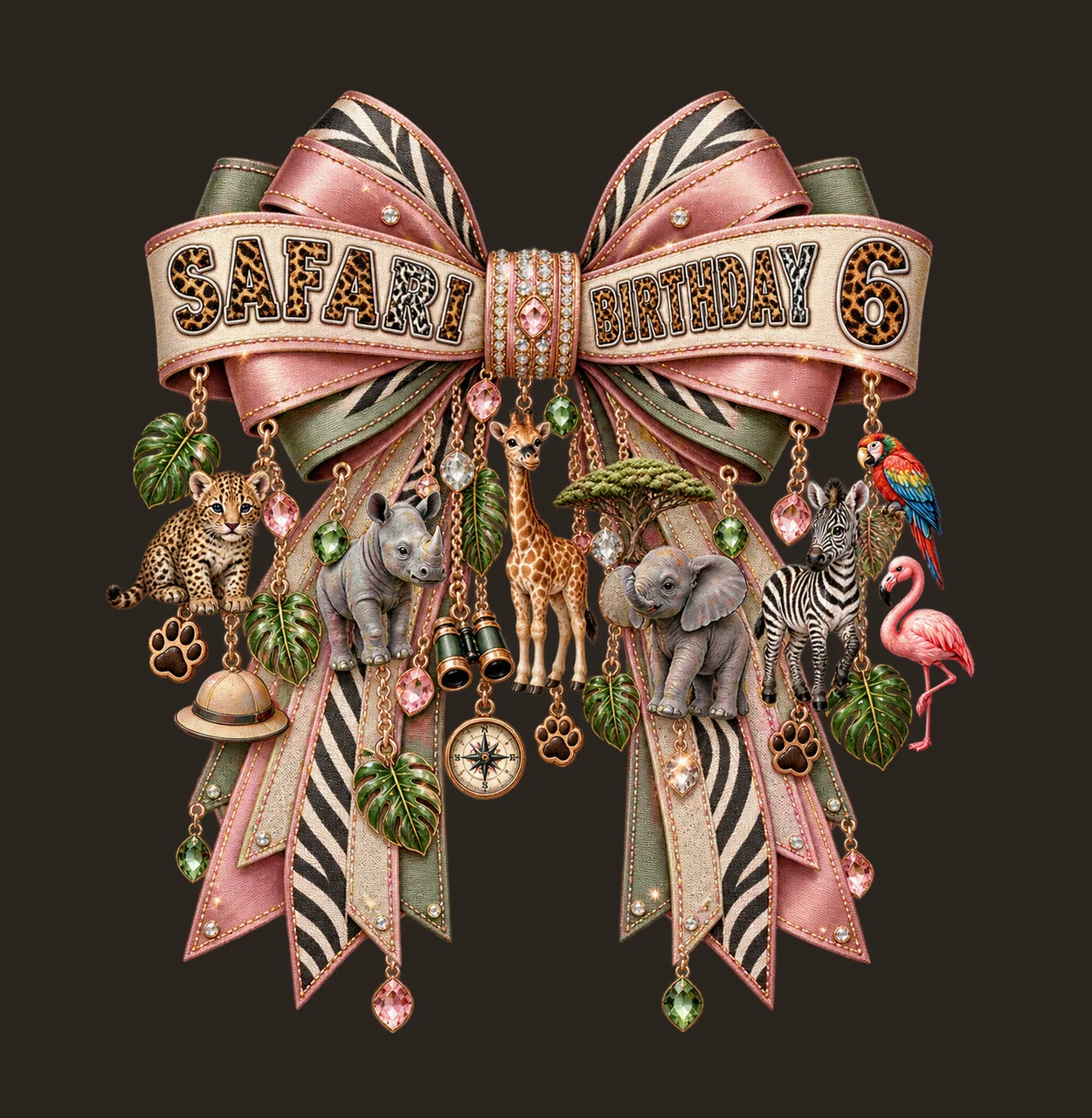 Safari Birthday 6 Bow Charm PNG, Jungle Animal Birthday Clipart, Transparent Sublimation Digital Download contrast preview thumbnail