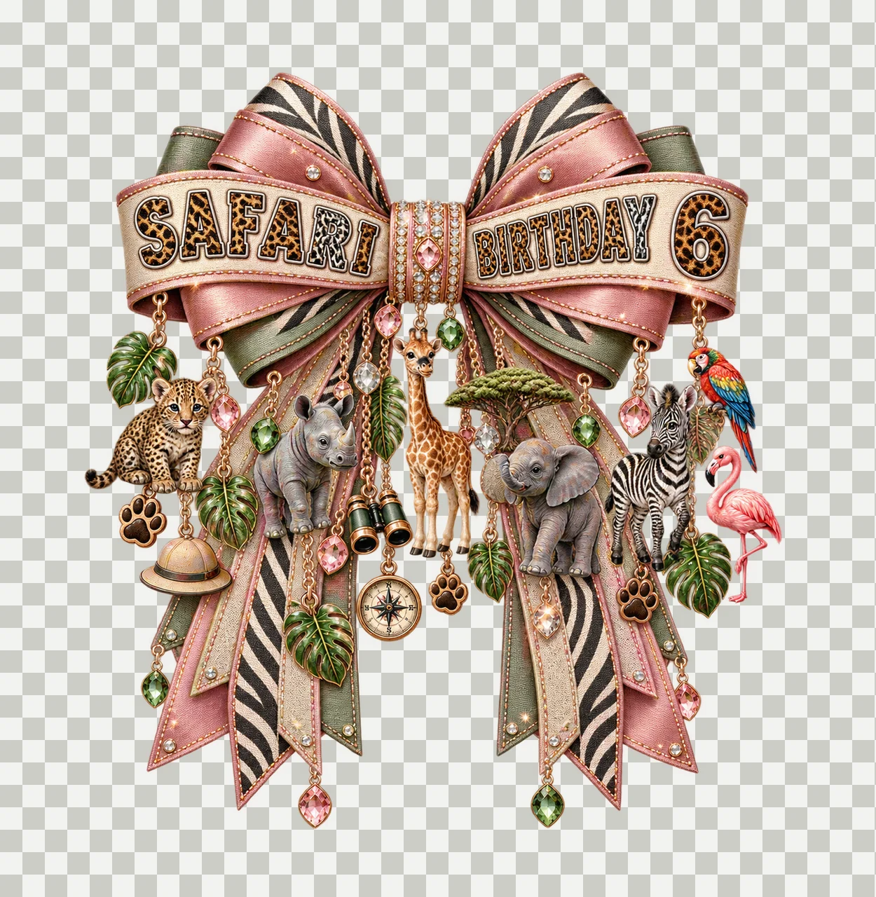 Safari Birthday 6 Bow Charm PNG, Jungle Animal Birthday Clipart, Transparent Sublimation Digital Download transparency and detail preview thumbnail